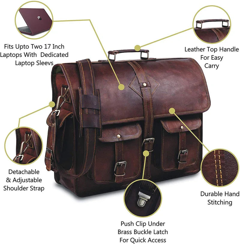 Brown leather briefcase with features highlighted on a white background