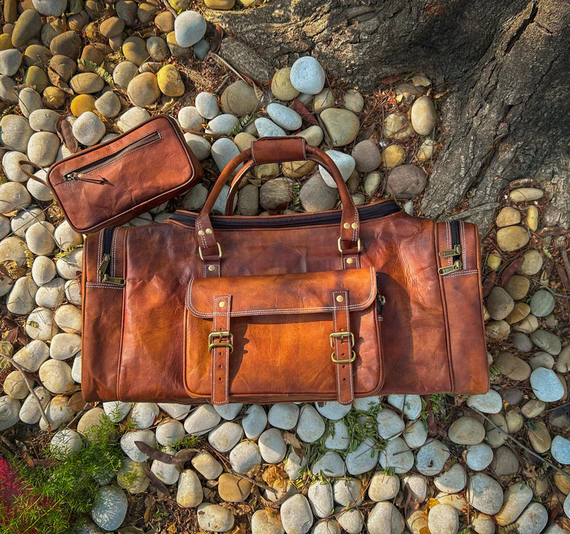 Leather Weekender Bag + Free Toiletry Bag – Vintage Travel Duffel for Men & Women