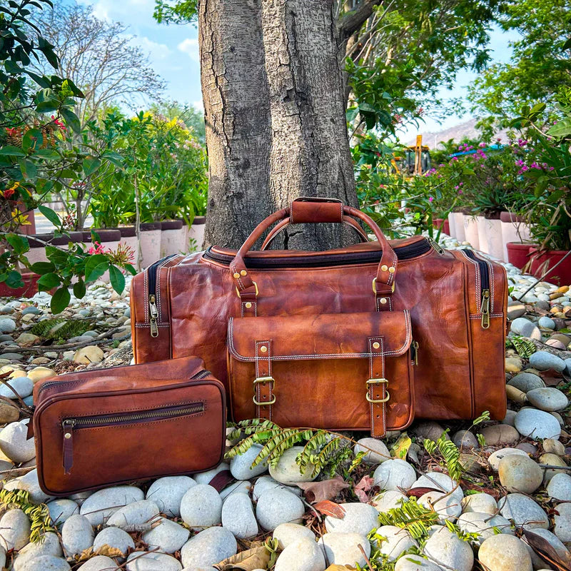 Leather Weekender Bag + Free Toiletry Bag – Vintage Travel Duffel for Men & Women